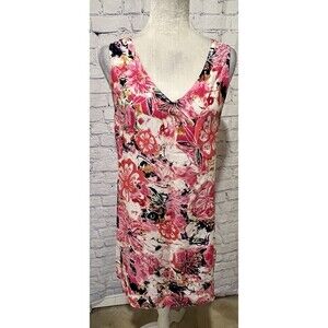 Pineapple Cove Pink Tropical Floral Rayon A-Line Sleeveless Dress Womens Large